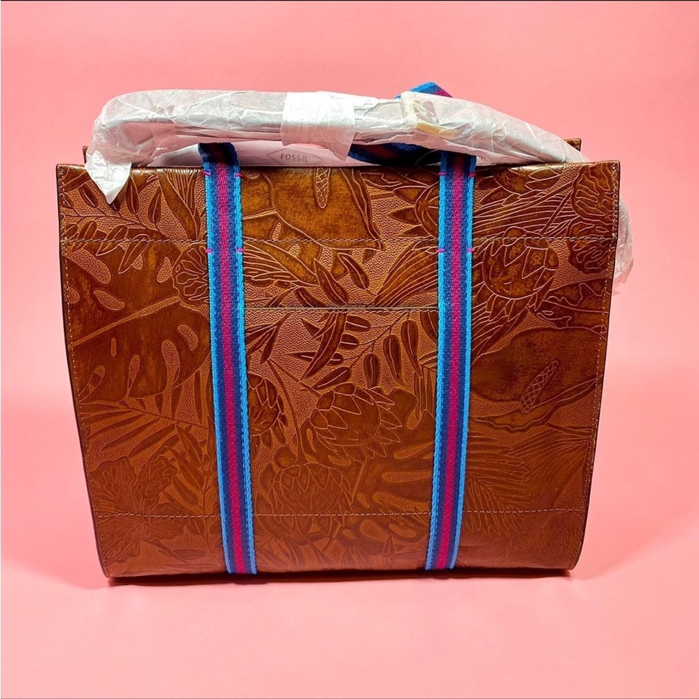 Brown Fossil Embossed Tote Bag with Blue and Pink Straps
